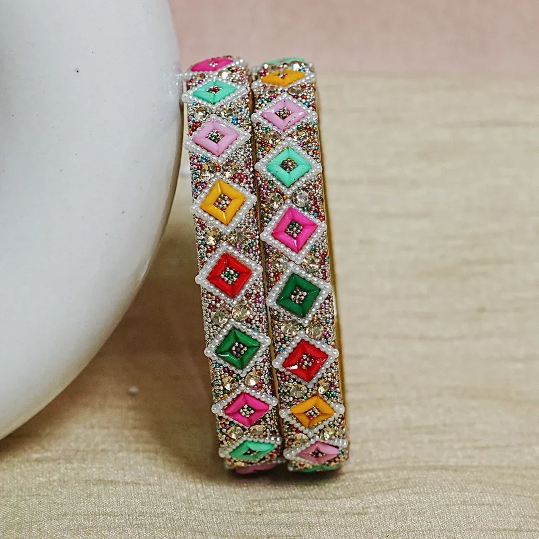 Meenakari Work with Pearl Embellished Glass Kada for Women (Pack of 2) - The Golden Cascade